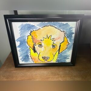 Original Golden Retriever puppy Watercolor Painting Artist signed framed